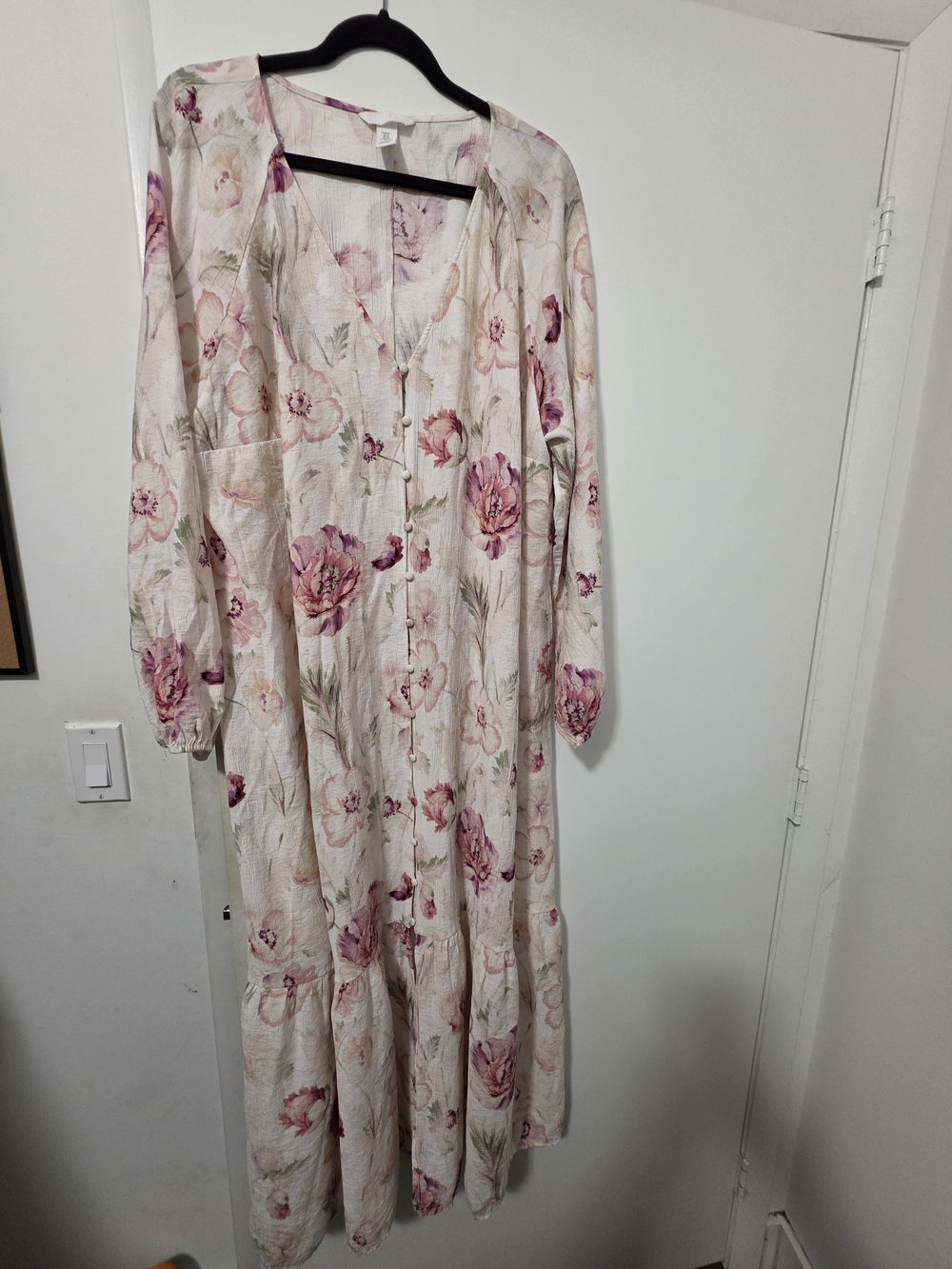 Victorian Style Cream Maxi Dress with Pink Floral Print